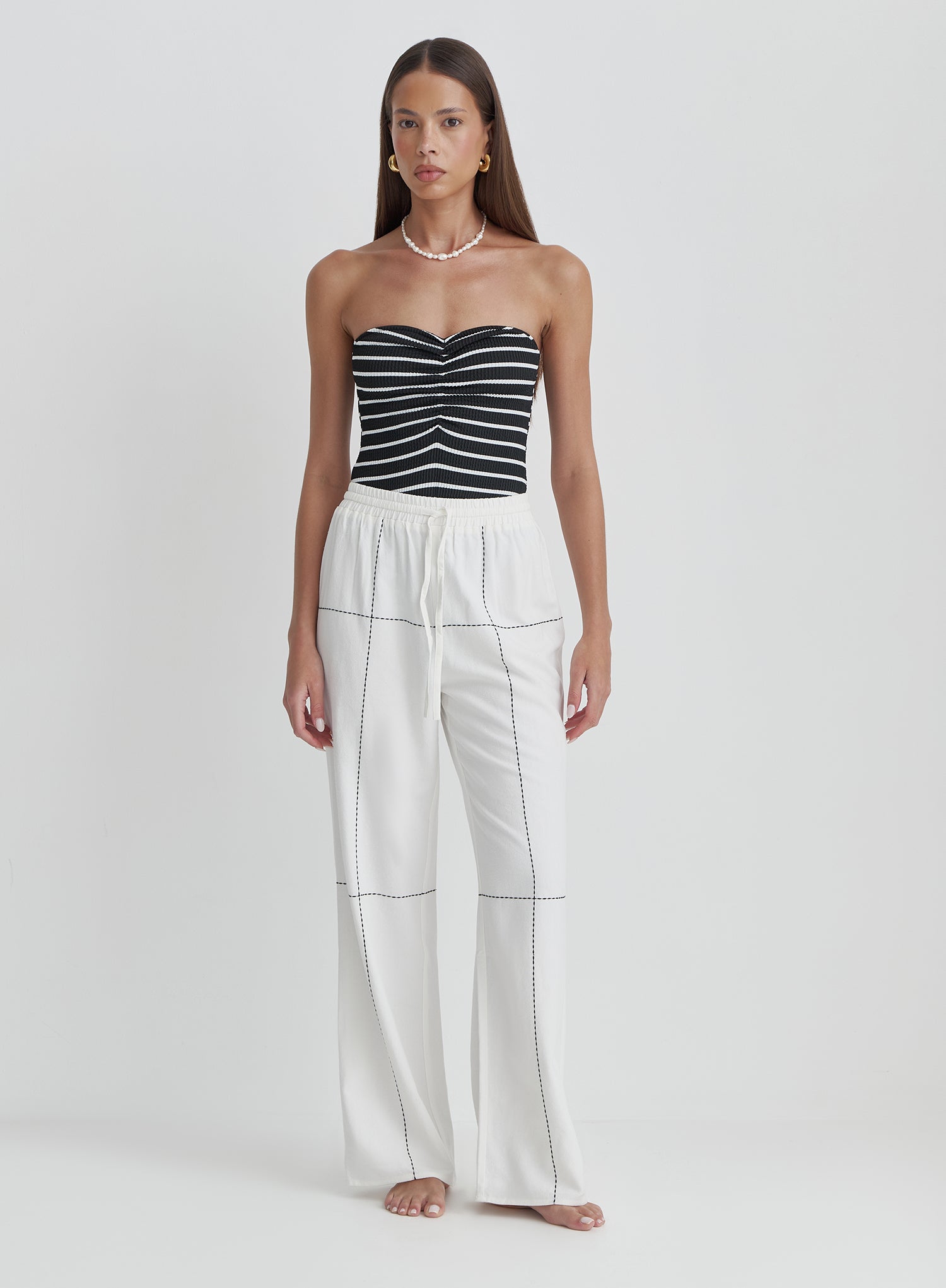 Off White Contrast Stitch Linen Trouser